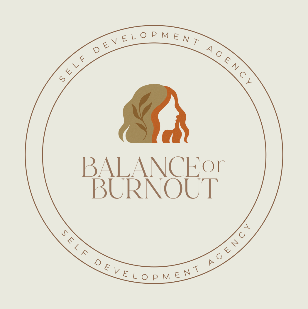 Official Balance or Burnout circular logo with female profile and self development agency lettering